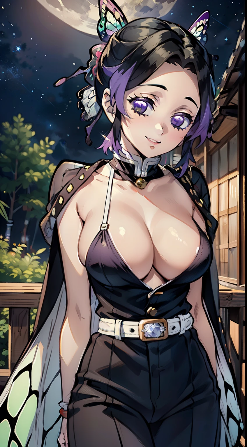 Masterpiece, Best Quality, Japanese House, samurai house, Very clear image, hight resolution, Erotica, Undress, bathing suit, 1girl, ssmile, Smiling, Very beautiful face, Erotica, Kocho Shinobi, Master Parts, beste-Qualit, supreme, 1girll, In the bamboo forest，There is a huge bright moon in the background, Kochou Shinobu, large butterfly clip in hair, butterfly hair jewelry, violet eyes, multi-colored hair, Short hair, Separate lane, haori, haori butterfly wings, White Japanese cloak, Longer sleeves, black pantsuit, black jacket, belt, Character looking at camera，Decorate your hair with a bow tie, violet eyes, multi-colored hair, Short hair, Parted bangs, Black pants, black jacket, long sleeves, belt, Cowboy shot, in the woods, Looking at the starry sky, Close your mouth, Night with countless stars, The ideal body of the Milky Way, The Perfect Girl, perfect details, Ultra HD |, 8K, Professional photo, Demon Slayer in anime style,