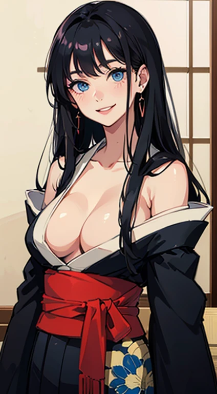 Adult woman, long black hair, blue eyes, open kimono, open breasts, big breasts, smile, masterpiece, high quality