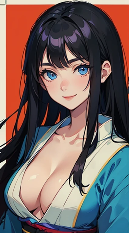 Adult woman, long black hair, blue eyes, open kimono, open breasts, big breasts, smile, masterpiece, high quality