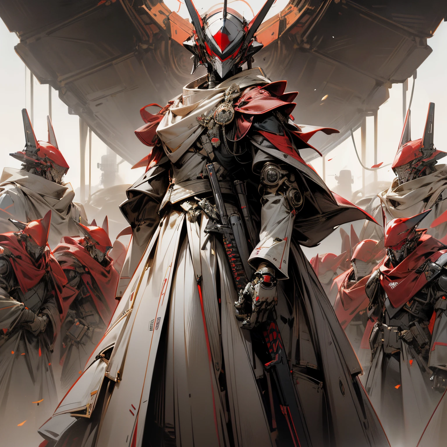 (Front facing camera) At a large flat blacktop in the desert, formidable robot army standing in neat rows, all holding rifles, smooth heads, mil-spec designs, angular robots, red and white color scheme, robot general at the front, arms behind their back, wearing a red white and gold fancy outfit, all wearing smooth robotic masks,
