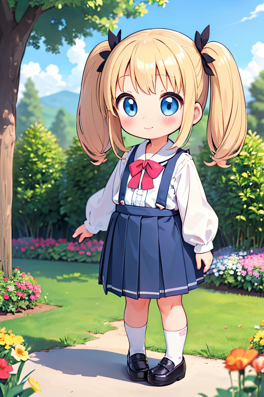 masterpiece best quality extremely detailed anime (((()))) ((loli)) ((toddler)) preschoolo side up loair white blouse blue suspender skirt school uniform long sleeves long pleated skirt ((long)) skirt blue eyes blue socks outdoors floral garden kindergarten preschool embarrassed ((blth [[blue eyes]]