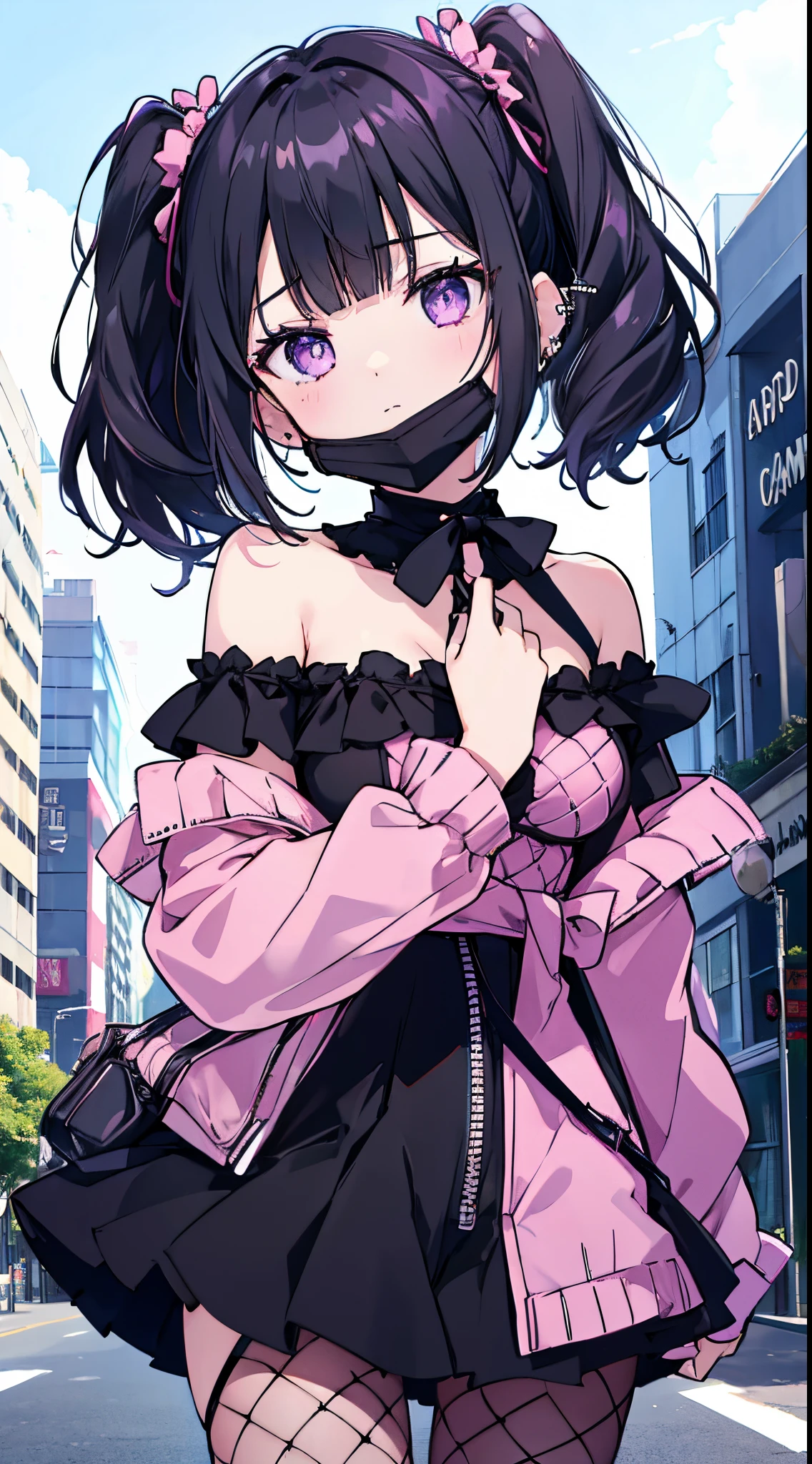 (8k、Top image quality、top-quality、masterpiece)、1 girl in、Black hair twintails、short-hair、waved hair、blunt bangs、Purple eyes、expressionless、piercings、Mask Pull、Moderately breasts、Pink ruffled clothing、off shoulder strapless、Black miniskirt、((Fishnet tights))、cowboy shot、Downtown background at night