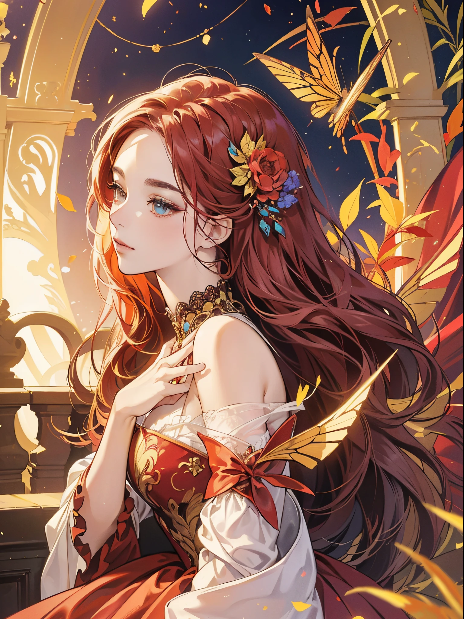 Butterfly motif、scarlet and gold tones、Vibrant colors、((​masterpiece)))、(((top-quality)))、((ultra-detailliert))、(A hyper-realistic)、(highly detailed CGillustration）、Official art、Venice at the beginning of the 20th century、Decadent、Madame Papillon、Cool Beauty、Masquerade、refinement、Elegance、Gorgeous、Colorful and detailed mask design、matchless beauty、Fans、gorgeous dress、jewely、Female Solo、Perfect Angle、perfect-composition、