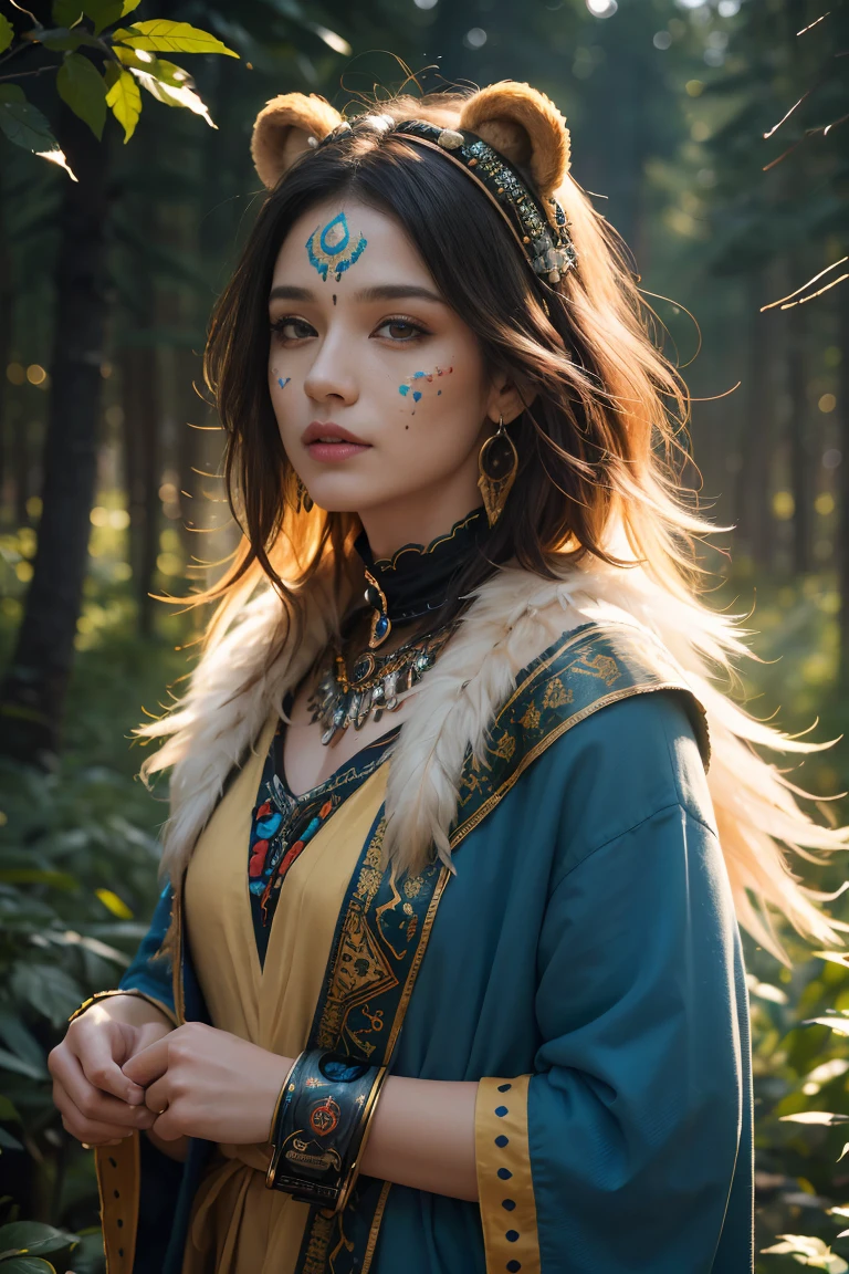 (best quality,4k,highres,realistic:1.2),detailed shaman with a unique haircut,yellow aura in the shape of a bear,medium:spiritualism,forest background,feathers,colorful face paint,ancient symbols,transcendent experience,harmonious nature,soft lighting,vibrant colors