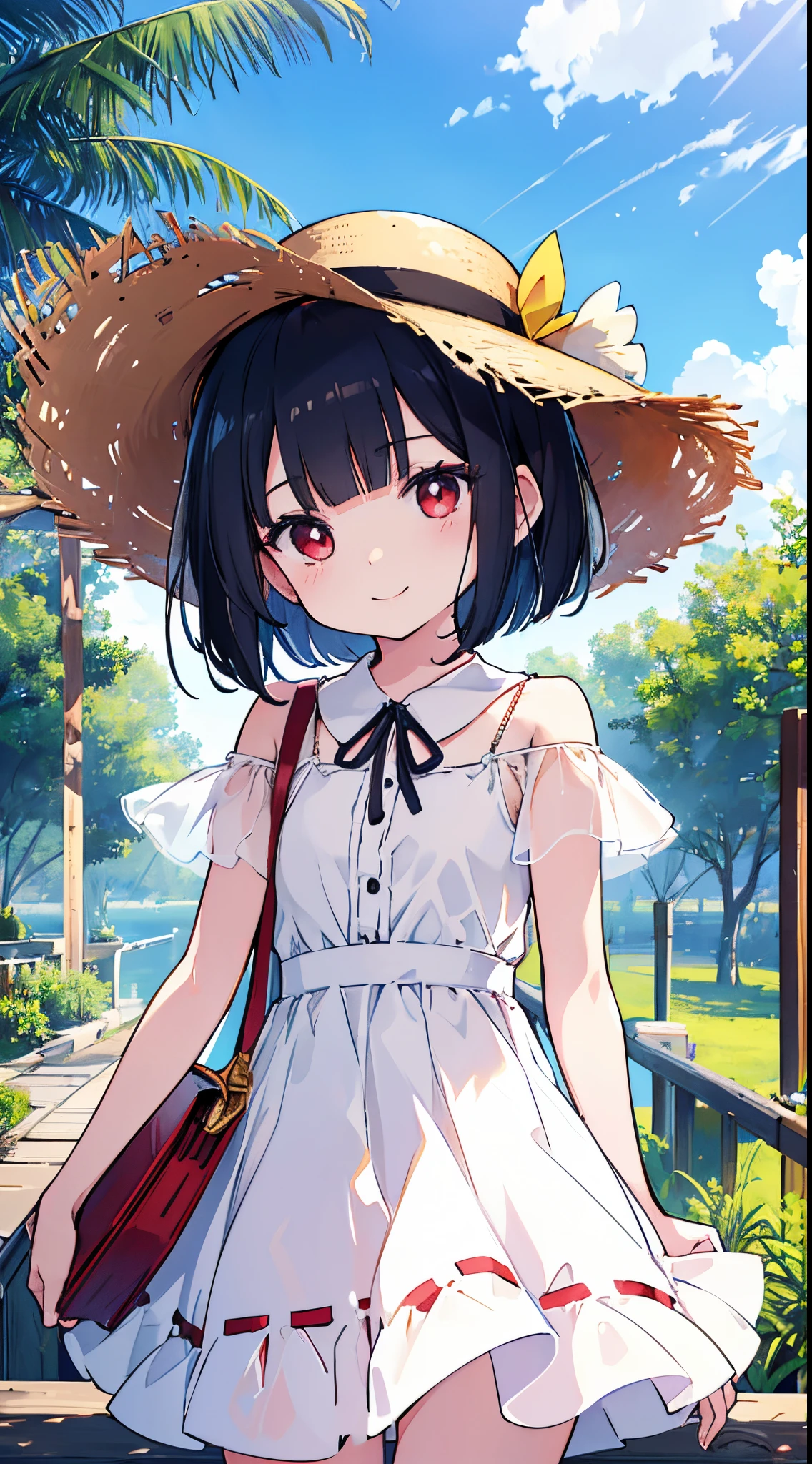 (8K、Top image quality、top-quality、​masterpiece)、1 loli、black hair bob cut、blunt bangs、red eyes、smil、Smaller chest、White dress、straw hat、blue open sky、cowboy  shot