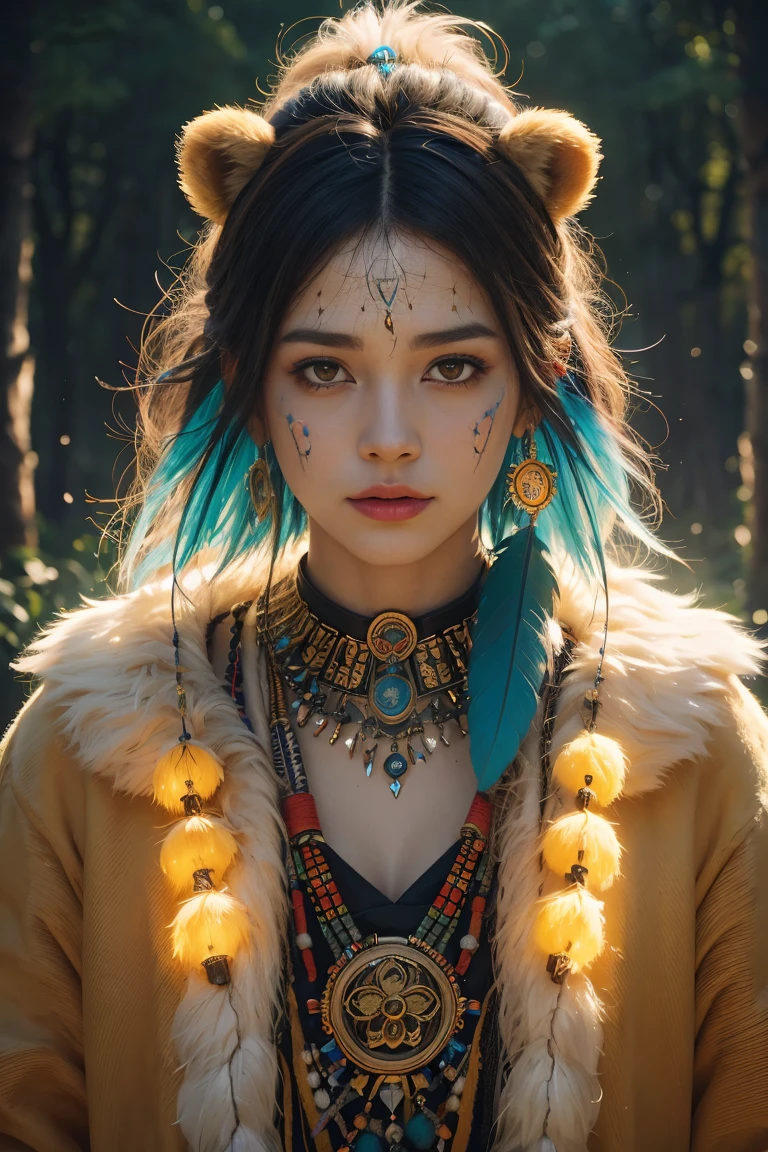 (best quality,4k,highres,realistic:1.2),detailed shaman with a unique haircut,yellow aura in the shape of a bear,medium:spiritualism,forest background,feathers,colorful face paint,ancient symbols,transcendent experience,harmonious nature,soft lighting,vibrant colors