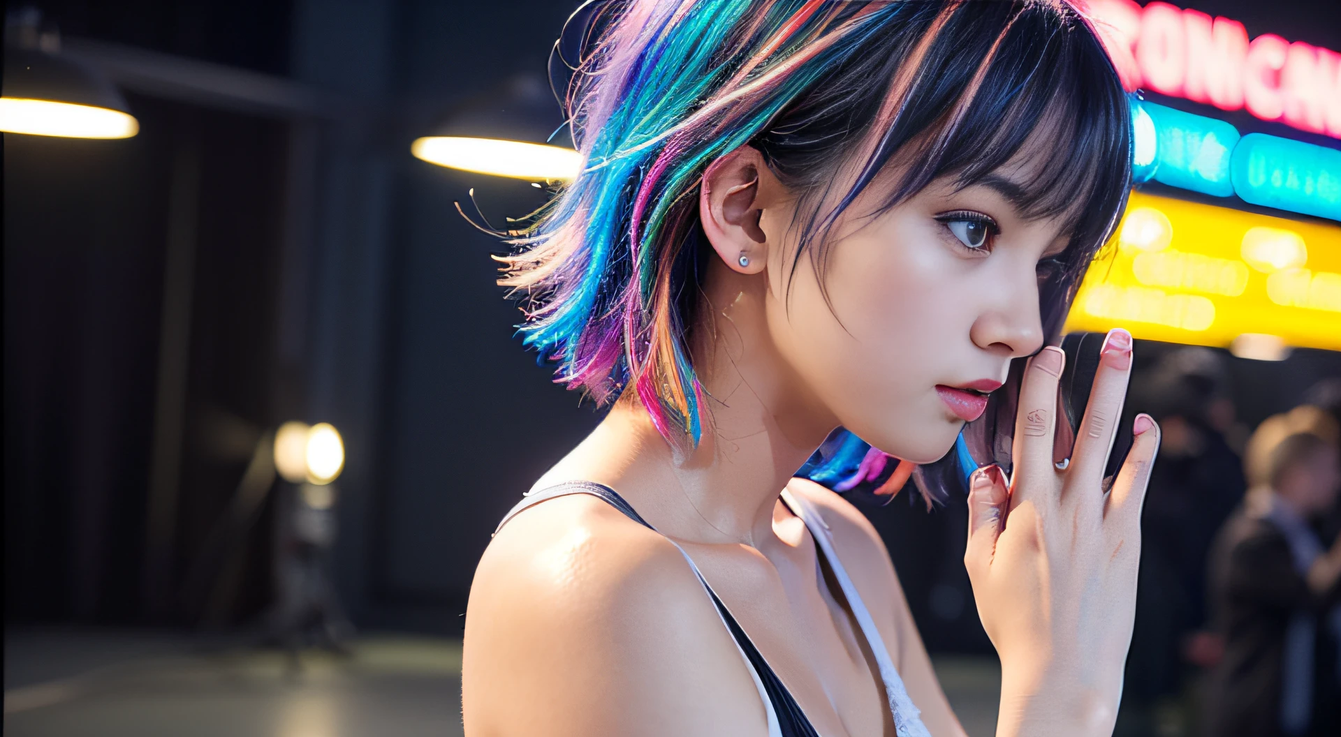 top-quality、a picture、(Photorealsitic:1.4)、(hyper realisitic:1.4)、(Cinematic:1.5)、20-year-old woman、Very short hair、colourful hair、(beautiful and delicate face:1.5)、High-quality eyes、profile、(high quality fingers:2)、Black Sports Bra、(colorful lighting:1.5) 、Strong backlighting、neons、