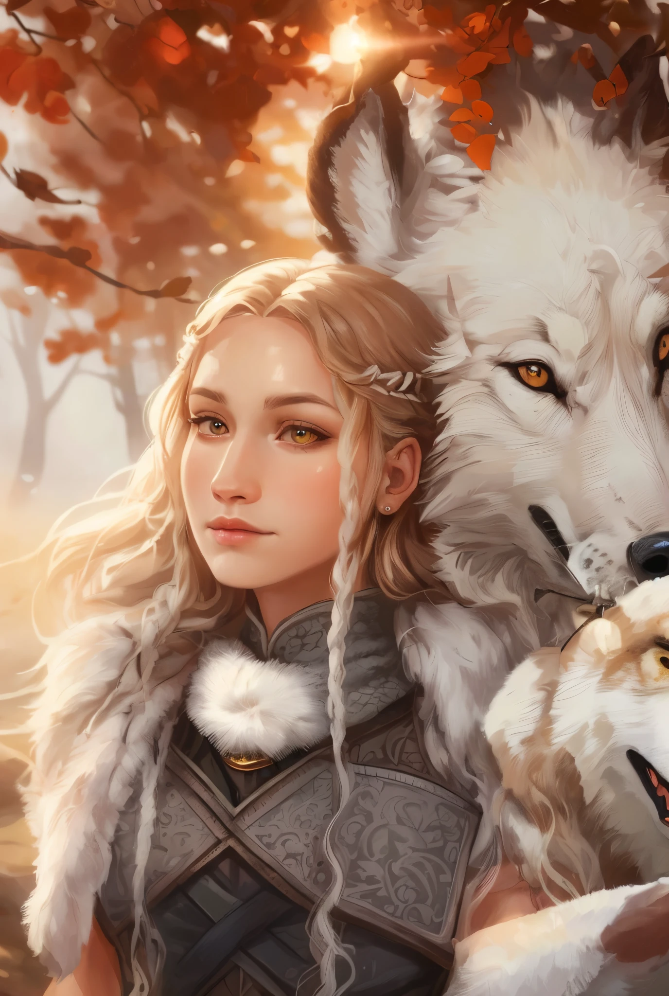 painting of a woman, standing next to the wolf, Illustration by Dragonlance, replay, low quality video, Unknown name, Also known as Artemis or Selene, Norwegian, red-brown and white color scheme, Strongly voted in favor of, Blurry image, Jon Snow, Extraordinarily unique beauty, The Stern Male Ranger, 985530902, On Amino, (intricate details:1.12), HDR, (intricate details, hyper-detailing:1.15), (natural skin textures, hyper realisitc, soft light, Sharp:1.2)