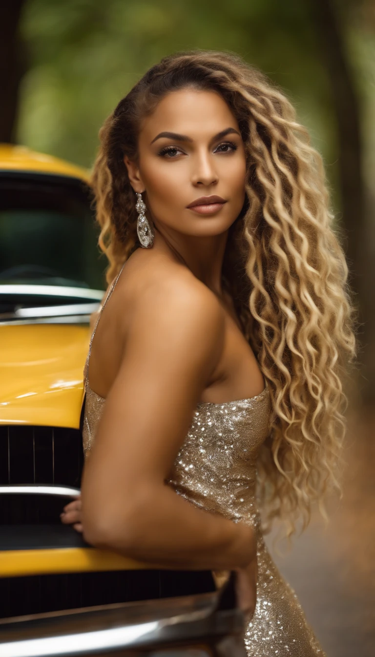 arafed woman with soft wavy boho dreadlocks with blonde highlight, photo of a beautiful woman, she has light caramel skin with yellow undertones, gorgeous woman, mixed-race woman, gorgeous beautiful woman, mixed race woman, with textured hair and skin, toned slender body in an evening gown posed by sports car