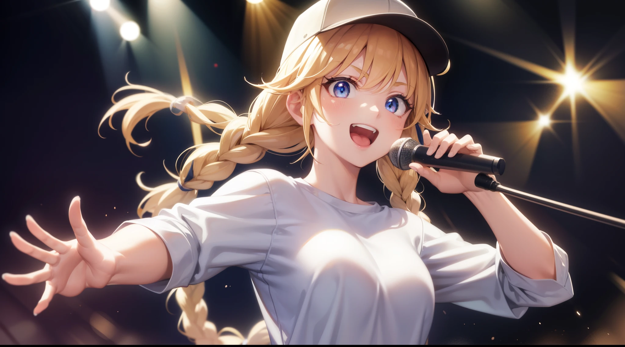 eikotsukimi, eiko tsukimi, blonde hair, braid, baseball cap, twin braids, long hair, smile, multicolored jacket, white shirt, (medium breast:1.2), upper body, holding microphone, holding mic, singing:1.3, happy expression, dynamic pose:1.3, one hand reaching viewer, BREAK looking at viewer, BREAK on stage, stage lighting, stage, BREAK (masterpiece:1.2), best quality, high resolution, unity 8k wallpaper, (illustration:0.8), (beautiful detailed eyes:1.6), extremely detailed face, perfect lighting, extremely detailed CG, (perfect hands, perfect anatomy),