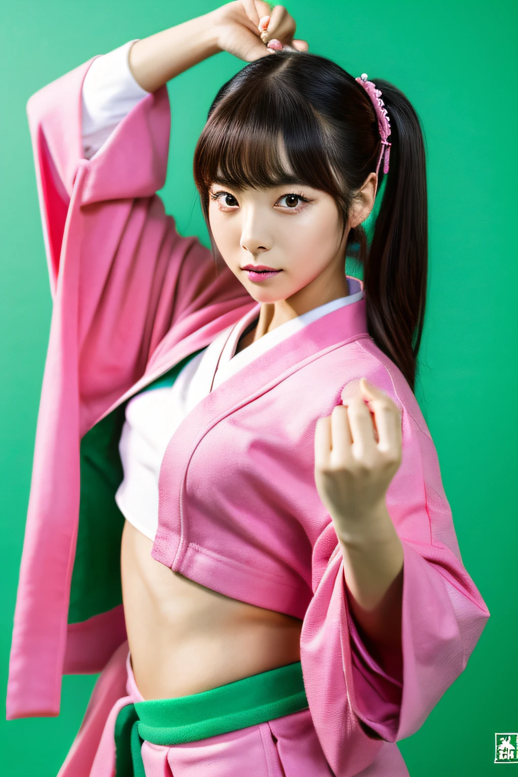 Japanese rebellious girl, Pink kimono, Hip-hop style, Green Screen