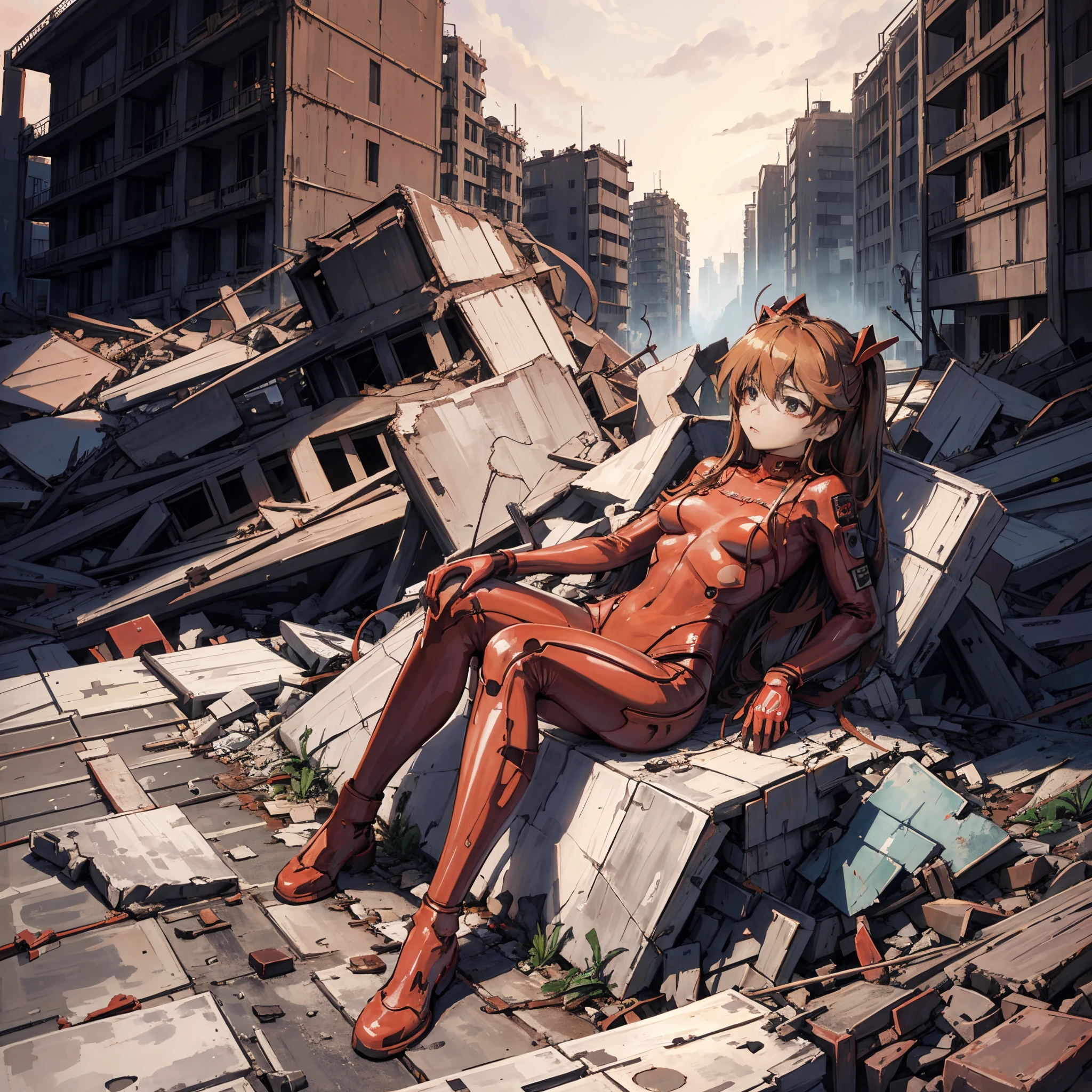 souryuu asuka langley, interface headset, red bodysuit, depressed, sad, sitting on top a building, post apocalypse, destroyed tokyo, tokio, (night:1.3) Ruined building, Ruinedarchi
