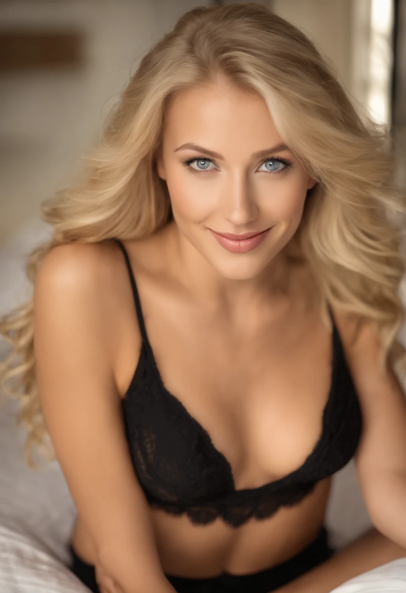 A resilient 24-year-old blonde girl in a black bra poses for a photo in the club, beautiful blonde woman, Blonde Frau, blonde and attractive features, blonde beautiful young woman, beautiful blonde girl, A beautiful blonde, Sexy Frau mit langen blonden Haaren, Junge blonde Ehefrau, lange blonde Haare, beautiful female model, blonde hair and big blue eyes, smil, auf dem Bett sitzen, small black panties, full entire body, Full-HD-Kamera, Afrikanische Frau , dunkler Teint