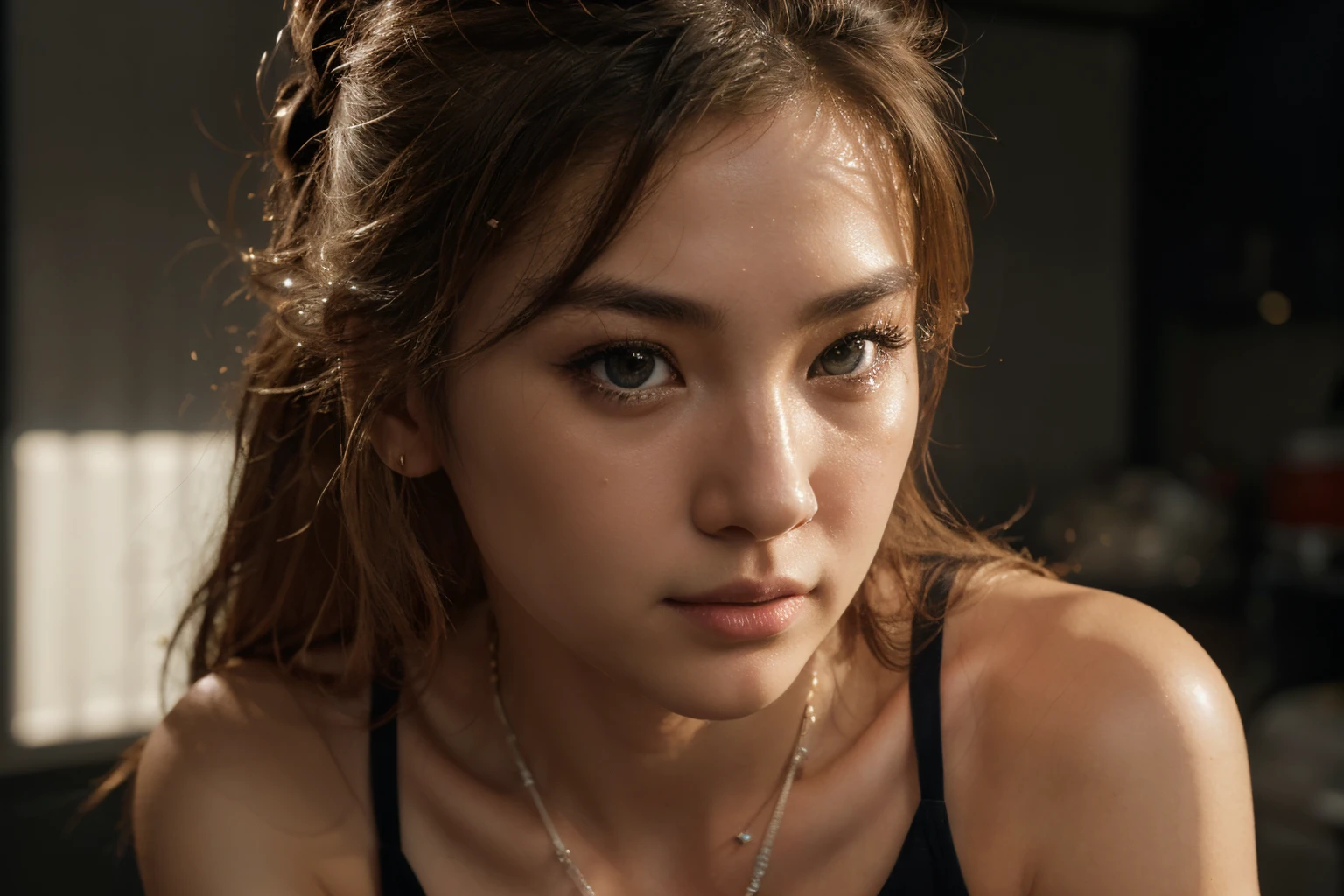 beautiful korean with blonde hair using black tank top , detail face, she have a very bright eyes, realistic face, detail face, realistic skin, skin pore, vibrant, dramatic lighting, 8k resolution picture, high detail on the photo, very realistic picture, dramatic lighting, fullbody, depth, shadow, dramatic shadow, one of a kind photo, sharp photo, sharpness on the detail, looking at the camera, half body view, (((Best Quality, masutepiece: 1.3)), long hair, ultra high res. photorealistic:.1.4, garage background, cinematic lighting, bloom, film grain, Fujicolor, high quality, masterpiece, 8K, UHD, UHD, retina, textured skin, super detail, high details, highres, 16k resolution, award winning, high quality, high details, super detail, messy bun hair, 50 years old, necklace