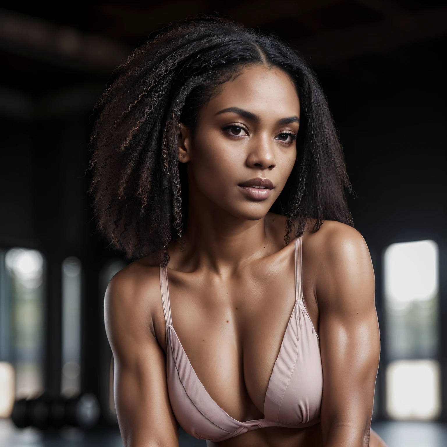 (editorial photograph of an 32 year old Melanesian woman), (slim top, cotton panties, MMA gloves), (straight non curly hair), (highly detailed face:1.4), (muscles:1.2), (MMA pose:1.2), (background inside light, bright, private gym:1.1), (8k, uhd, dslr, high quality, cinematic lighting, bokeh), (dramatic, award winning photography, incredible masterpiece:1.3), (((sexy sultry stare at camera:1.2)))