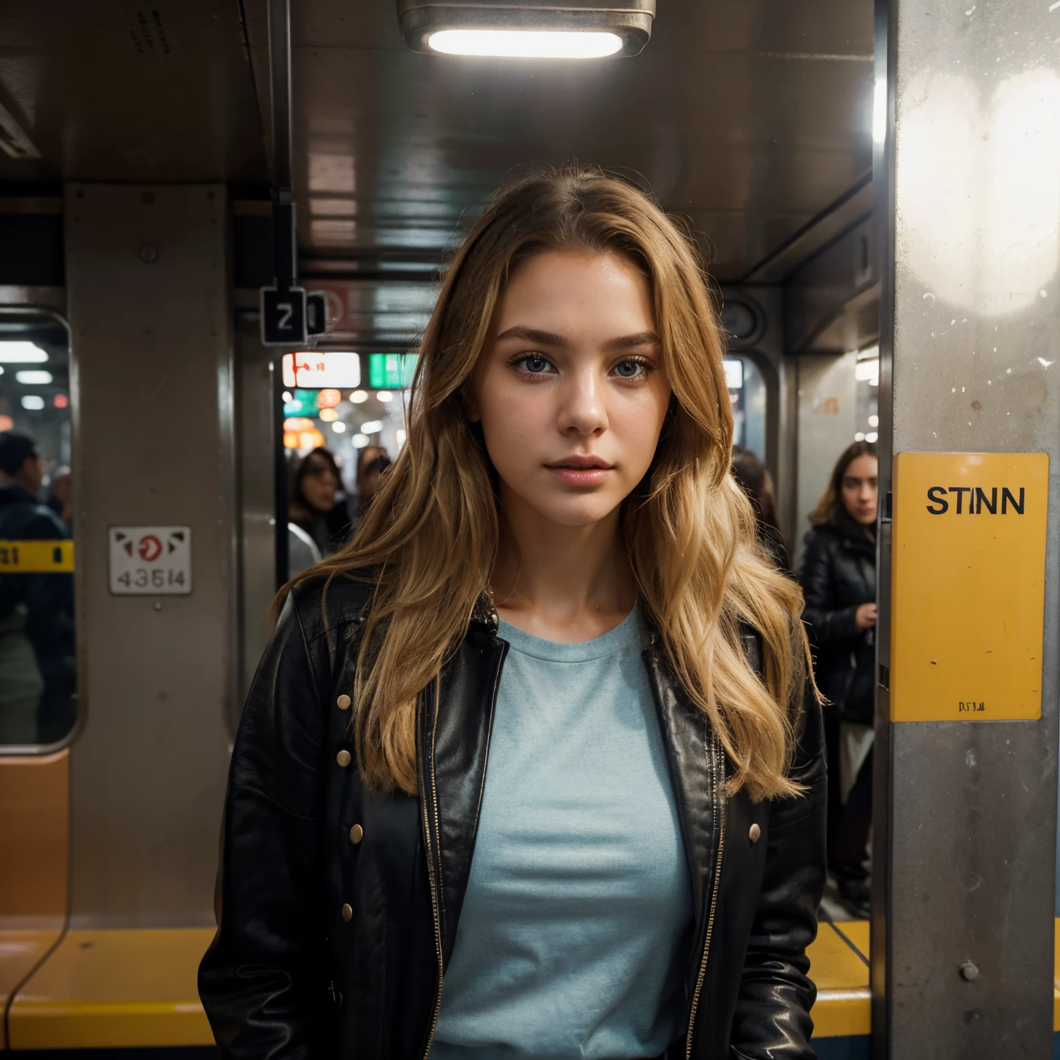 hannahferguson of a stunning woman, on a (subway), wearing a (jacket) and trousers, (8k, best quality, depth of field, ultra high res:1.2), (absurdres, intricate, photorealistic, masterpiece, ultra-detailed, Unreal Engine:1.3)