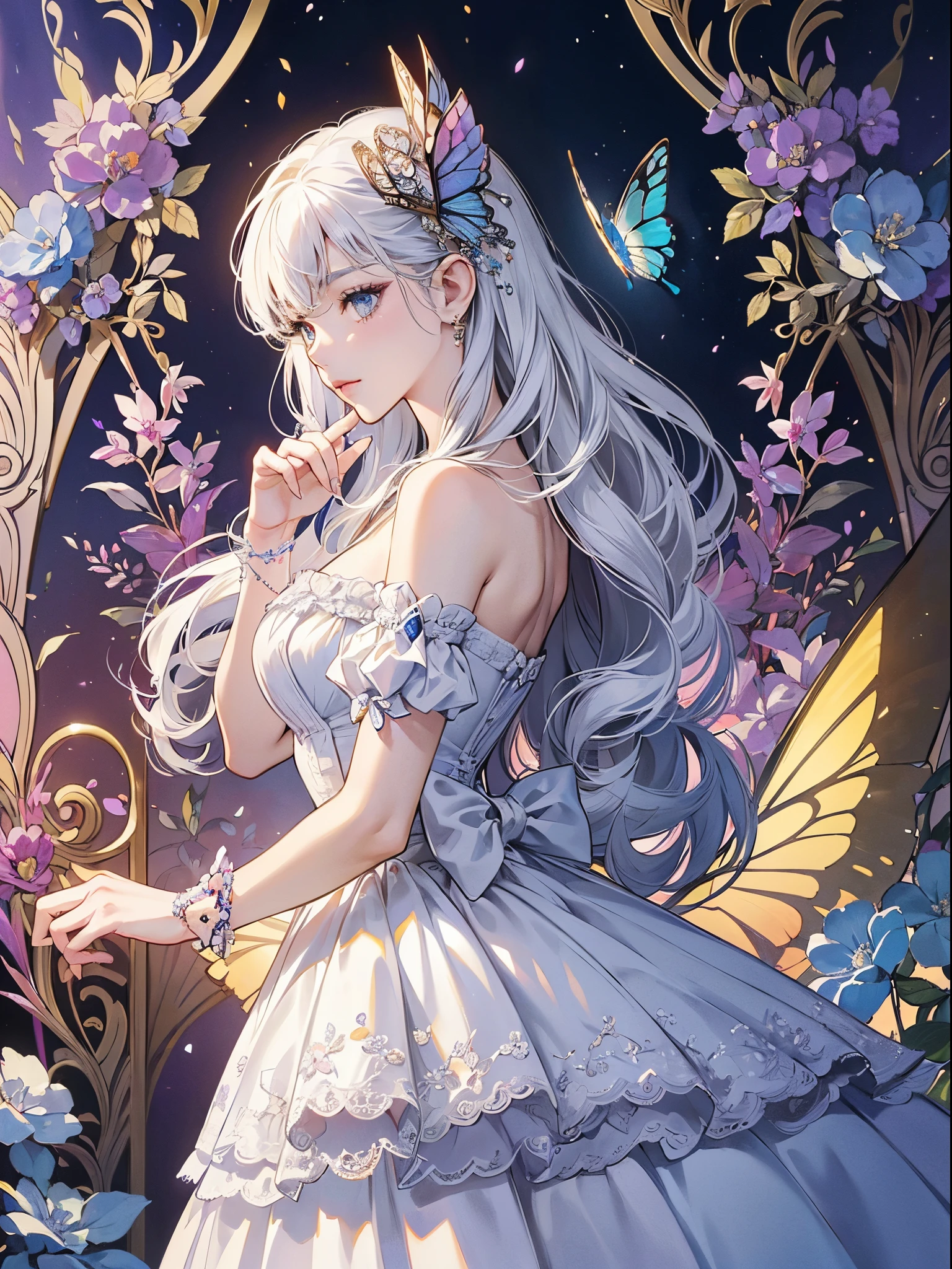 Butterfly motif、White-silver tone、Vibrant colors、((masterpiece)))、(((top-quality)))、((ultra-detailliert))、(A hyper-realistic)、(highly detailed CGillustration)、Official art、Moscow at the beginning of the 20th century、Decadent、Madame Papillon、Cool Beauty、Masquerade、refinement、Elegance、Gorgeous、Colorful and detailed mask design、matchless beauty、Fans、gorgeous dress、jewely、Female Solo、Perfect Angle、perfect-composition、
