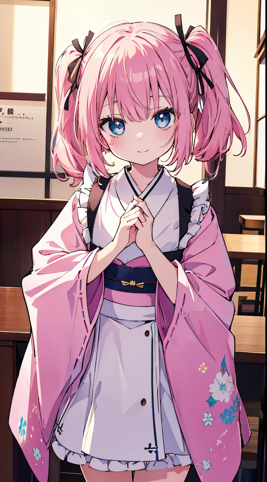 (8K、Top image quality、top-quality、​masterpiece)、1 loli、Pink hair、Long to Side Up、light blue  eyes、evilsmile、Smaller chest、kimono maid、cowboy  shot、is standing、Coffee shop background