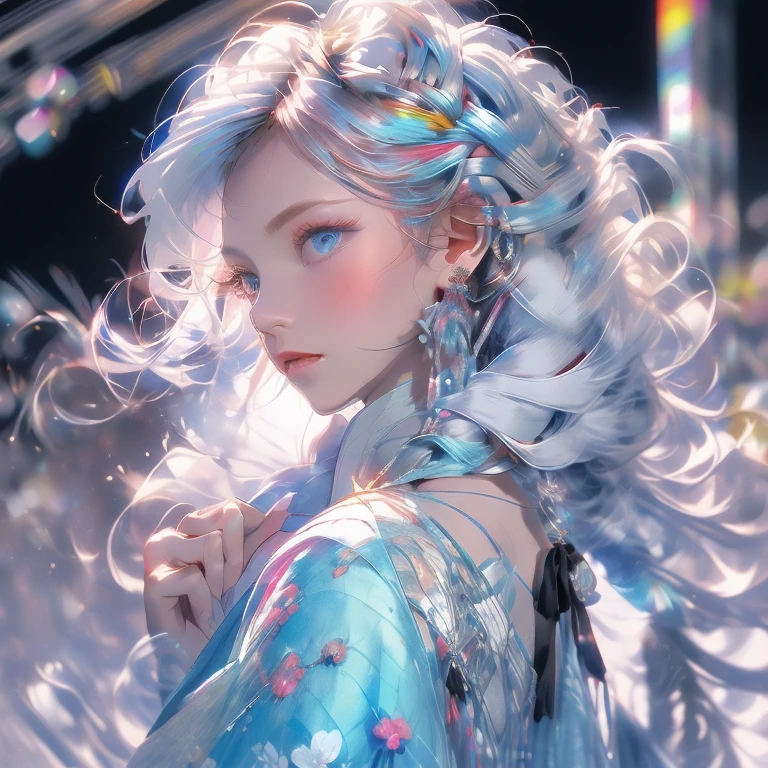 (masutepiece:1.2), Best Quality,Colorful (((upper body))),
1 Model Girl, Solo, Jewelry, earrings, Long hair, braid, profile, Upper body, Bangs, Blue eyes, From Side, veils, Bow, Kimono, Long sleeves, Komono, White hair, Black background, Single braid, blush, See-through