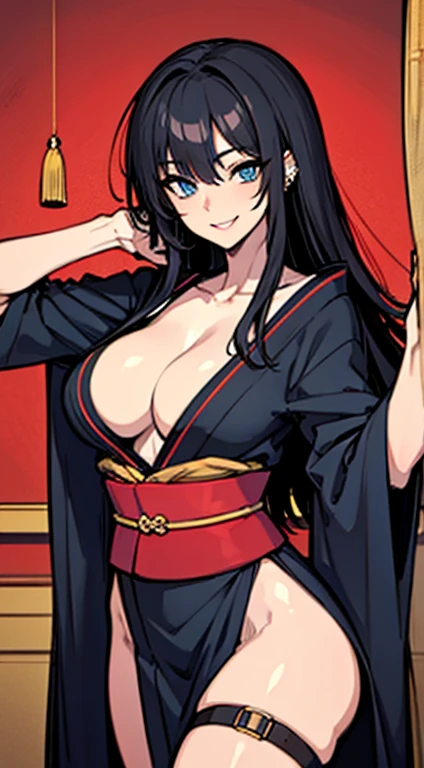 Adult woman, long black hair, blue eyes, open kimono, pelvic curtain, body jewelry, open breasts, big breasts, smile, masterpiece, high quality