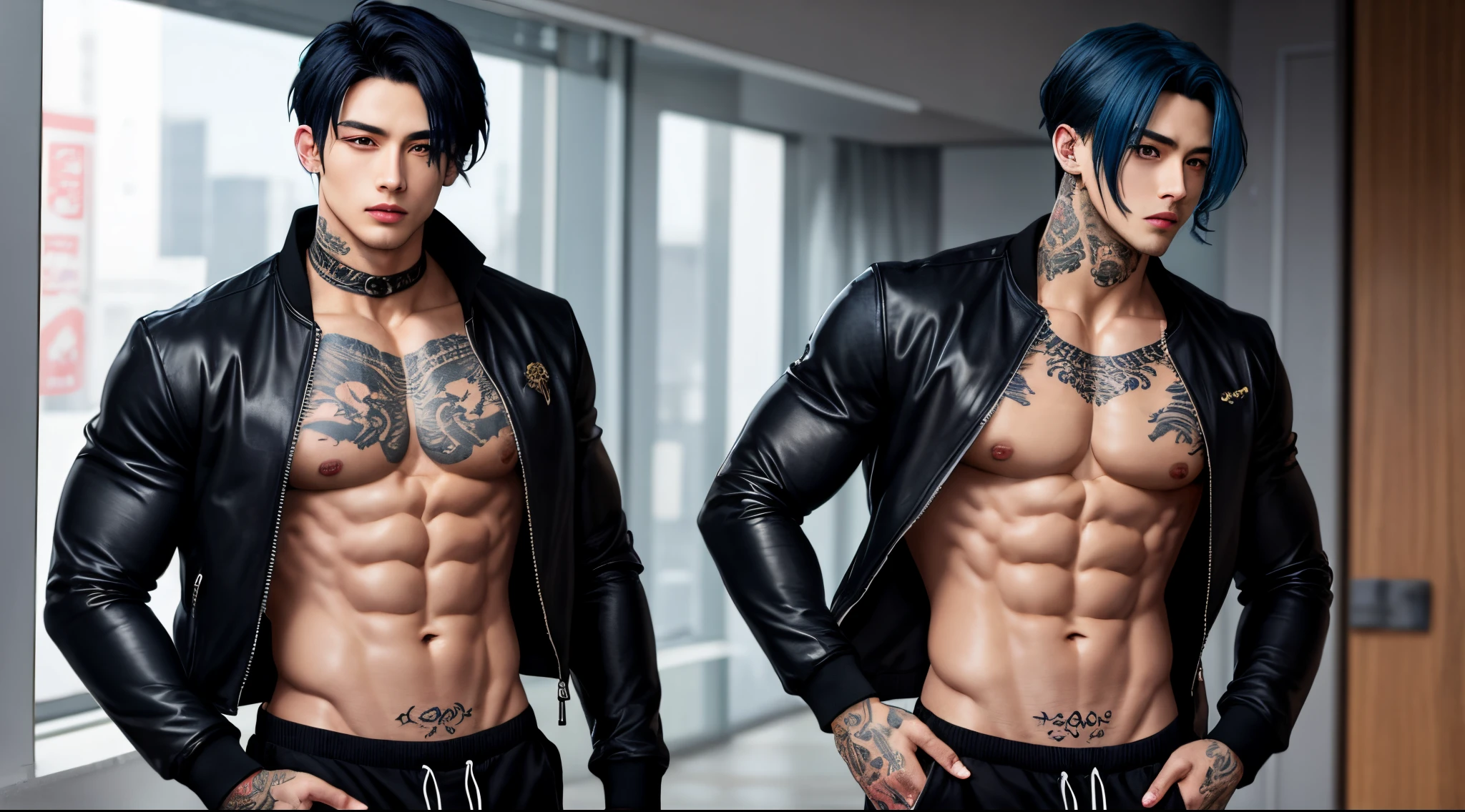 hot, lean\muscular anime boy with black hair and blue hair wearing a black racer jacket unzipped showing his toned abs and chest and the tattoos of a dragon on both of his wrists and tattoo of a crown on his neck and his black sweatpants