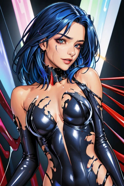 (best quality, masterpiece, colorful, dynamic angle, highest detailed) upper body photo, fashion photography of cute, dark blue hair with black highlights, torn spiderman suit,(ultrahigh resolution textures), in dynamic pose, bokeh, glowing web, (intricate details, hyperdetailed:1.15), detailed, light passing through hair, colorful art flat background(official art, extreme detailed, highest detailed), calmart, revealing clothes, coquettish, black streaks in hair, living clothes, shiny skin, dripping in fluids, dark makeup