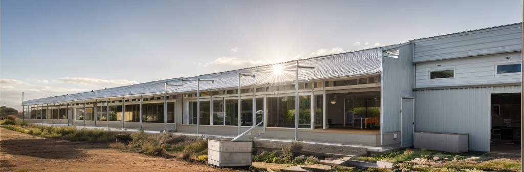 Landscape, corrugated iron roof, steel columns, panel walls, sunny weather