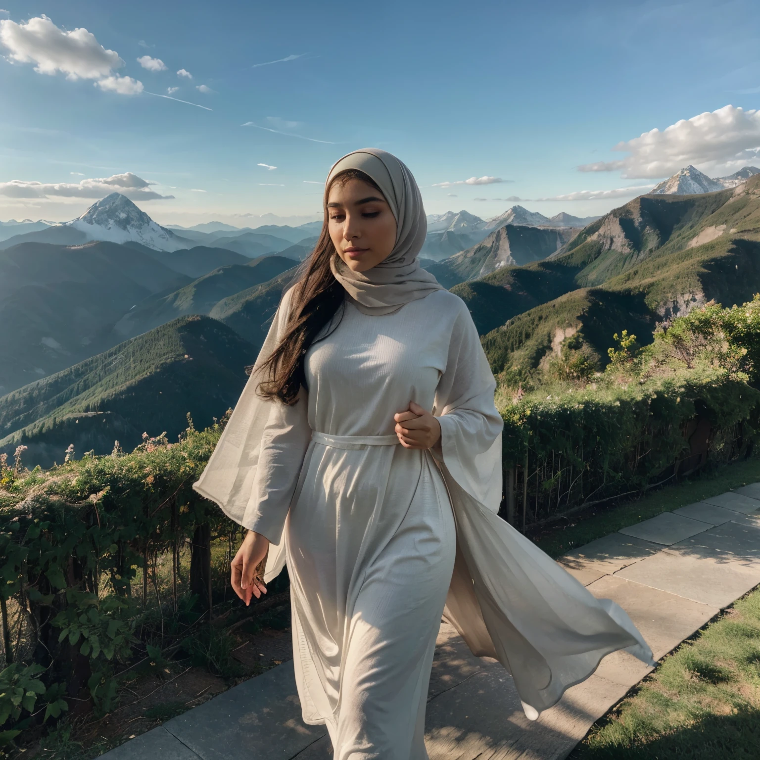 best quality,highres,8k,ultra-detailed,realistic:1.37,portrait,hijab,girl,beautiful detailed eyes,beautiful detailed lips,long black hijab,long flowing hair,gazing at the heavenly sky,serene expression,standing tall,surrounded by majestic mountains,soft sunlight illuminating her face,colorful sunset,peaceful atmosphere,tranquil surroundings,heavenly clouds,soft breeze,blissful mood,harmony with nature,sublime beauty,ethereal scene,spectacular view,divine connection,sense of wonder,majestic landscape,awe-inspiring,spiritual retreat,hope and tranquility,serenity in the mountains,deep in thought,breathtaking backdrop,captivating presence,strength and grace,natural beauty,lush greenery,gentle slopes,crisp mountain air,endless horizon,heavenly bliss,vibrant colors,majestic peaks,heaven on earth.