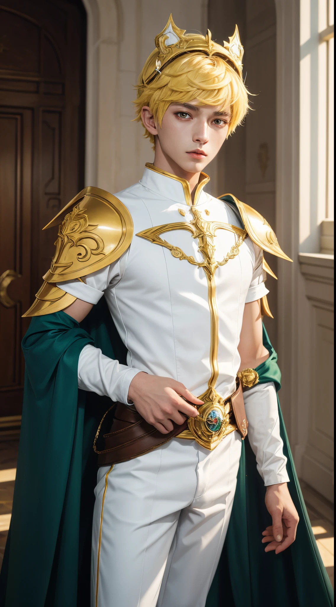 (absurdres, highres, ultra detailed, HDR), masterpiece, best quality, "magic knight rayearth" Character handsome boy in white outfit short hair wearing detailed headgear yellow hair