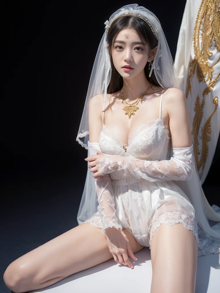 woman wearing white wedding dress,White gauze headdress、Meticulous embroidery、long white hair、Wearing white lace long gloves on the arms、Hands in golden shackles、Wear a gold necklace around your neck、Legs in white stockings with suspenders、White lace panties clearly visible、Feet wearing white high heels、Wearing gold shackles around the ankles、Showing panties and stockings、Huge breasts,(8K、top-quality、tmasterpiece:1.8)、(intricately details:1.8)、(真实感:1.8)、octane renderings、Complex 3D Rendering Ultra Detail, Studio soft light, Edge lights, vibrant detail, super detailing, realistic skin textures, detailface, beautidful eyes, Very detailed CG Unity 16k wallpaper, cosmetics, (detailedbackground:2.0), Skin glows、Spread your legs,Lift up the skirt with both hands、exposing thighs!!!、