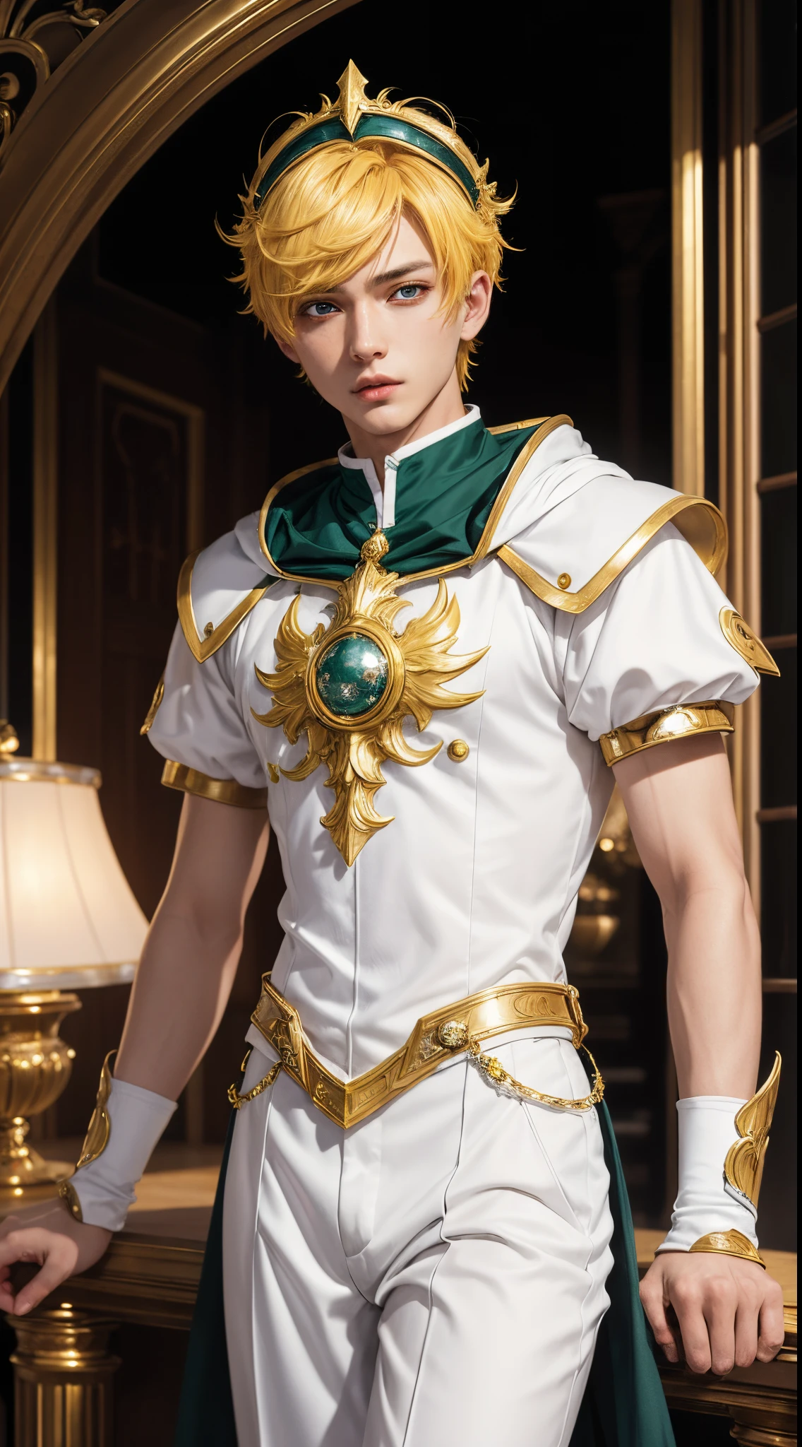 (absurdres, highres, ultra detailed, HDR), masterpiece, best quality, "magic knight rayearth" Character handsome boy in white outfit short hair wearing detailed headgear yellow hair