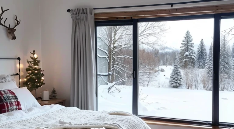 Nordic style bedroom，Snow outside the window，Christmas atmosphere，festive decoration