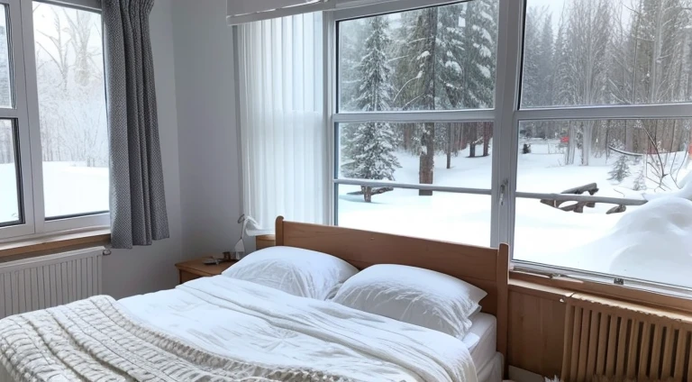 Nordic style bedroom，Snow outside the window，Christmas atmosphere，festive decoration