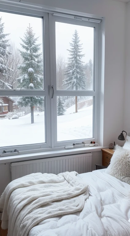 Nordic style bedroom,Snow outside the window,Christmas atmosphere,festive decoration