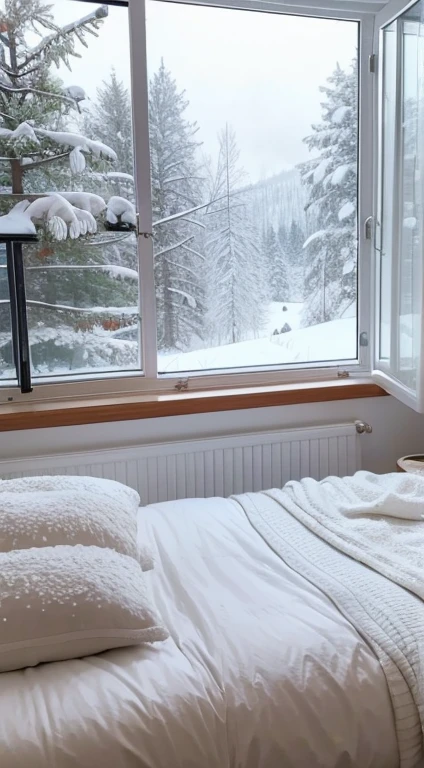 Nordic style bedroom,Snow outside the window,Christmas atmosphere,festive decoration