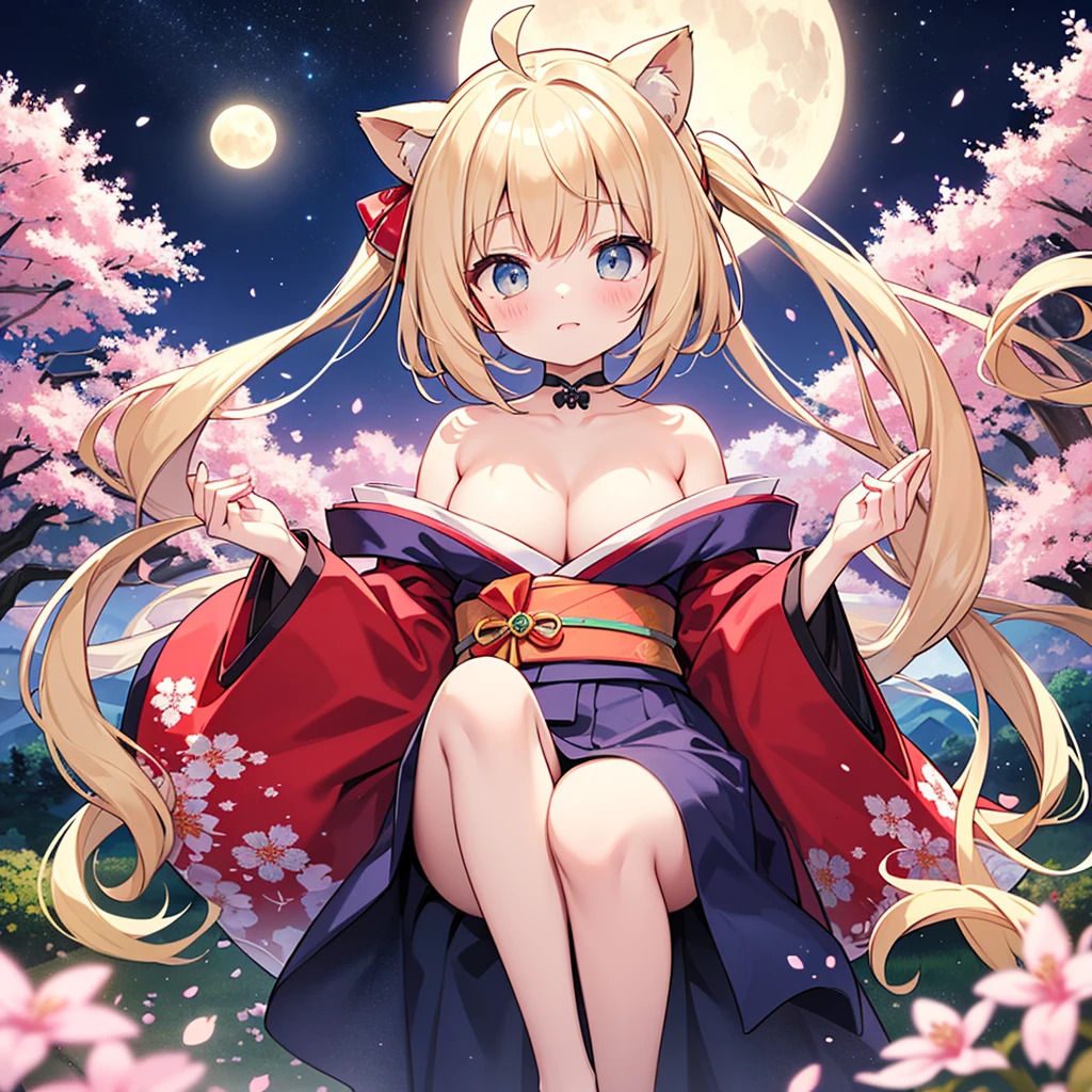 (masterpiece)、(top-quality)、(ultra - detailed)、(独奏)、Beautiful girl of 、Petite、silber hair、Krims、The white, golden, Plata, Light blue and red kimono、Shoulders bare、Emphasize cleavage、Thighs exposed、Landscape and cherry blossoms、Moon Night、Composition looking up from your feet
