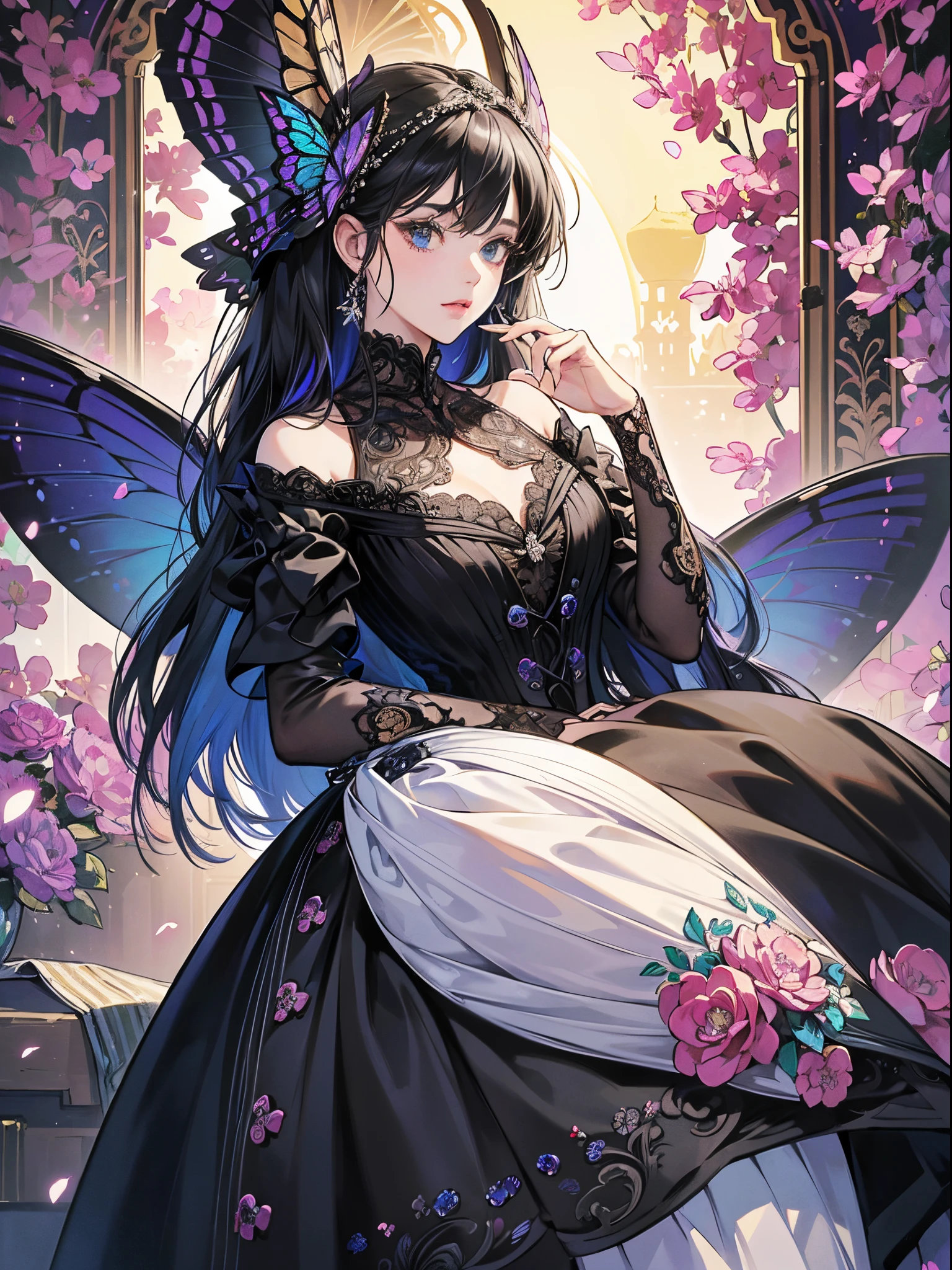 Butterfly motif、black and platinum tone、Vibrant colors、((masterpiece)))、(((top-quality)))、((ultra-detailliert))、(A hyper-realistic)、(highly detailed CGillustration)、Official art、Moscow at the beginning of the 20th century、Decadent、Madame Papillon、Cool Beauty、Masquerade、refinement、Elegance、Gorgeous、Colorful and detailed mask design、matchless beauty、Fans、gorgeous dress、jewely、Female Solo、Perfect Angle、perfect-composition、