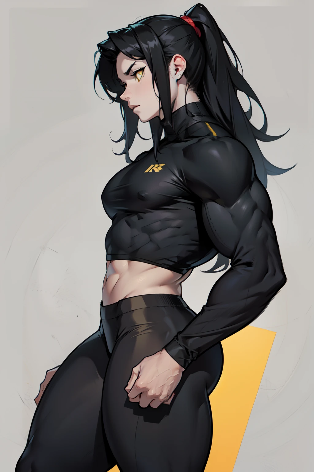 girl 1girl pale skin ((muscular)) toned body thick thighs black hair yellow eyes long hair grey background bodybuilder black leggings tight long sleeve baseball t-shirt