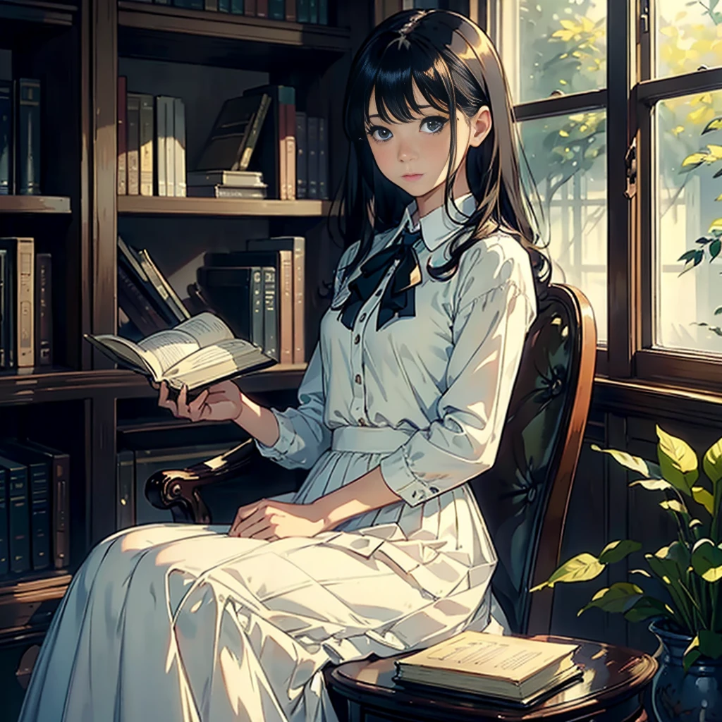 (Watercolor in Sargent style)、(top-quality、masterpiece)、超A high resolution、high-detail、(David Hamilton Style)、(softfocus)、Cinema Angle、ciinematic light、Soft light、(British traditional public school)、1girl in、17 age、A stunning、Short black hair、Bunching hair、((Detailed depiction of a beautiful face))、Crisp face、(detailed face depiction)、Detailed eyes、small tits、tiny chest、((classic uniform))、((long skirt))、Holding a book,at the library、Perfect hands、((Anatomically accurate depiction of hands and fingers))、((Describe the exact shape of the book))、beautiful setting、serene ambiance、Calm expression、Quiet moments、Vintage atmosphere、Immerse yourself in reading、bookworm、Thoughtful gaze、Classic elegance、A quiet retreat、Fascinating beauty、Sophisticated clothing、Majestic bookcase、Traditional atmosphere、Lush green environment、