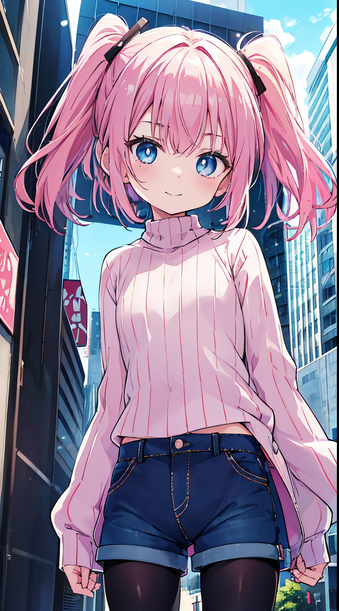 (8K、Top image quality、top-quality、masterpiece)、1 loli、Pink hair、Two-side-up、light blue eyes、evilsmile、Smaller chest、ribbed sweater、denim short shorts、black pantyhose、arms behind back、cowboy shot、City background
