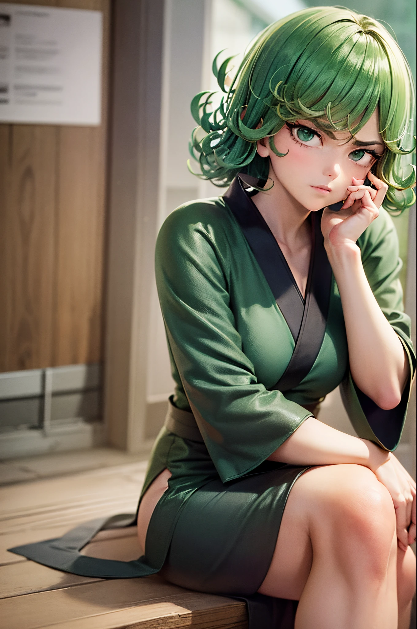 (best quality:1.2),Masterpiece, 1girl, unamused,anime girl with green hair and black dress laying on floor next to open book, top rated on pixiv, at pixiv, tatsumaki from one punch man, beautiful anime girl squatting, bending over, seductive anime girl, the anime girl is crouching, tatsumaki, pixiv 3dcg, popular on pixiv, ecchi, pixiv