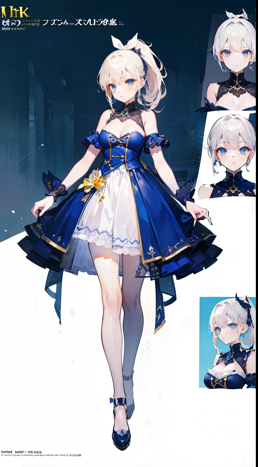 (((in 8K)), ((top-quality)))ung girl, character sheets, concept-art, full body Esbian, (masterpiece:1.2), (Top image quality:1.3), 1girl in, is standing, White Ribbon Ponytail, A sexy, Obscene Traveler Costume, light bege hair,Blue eyes