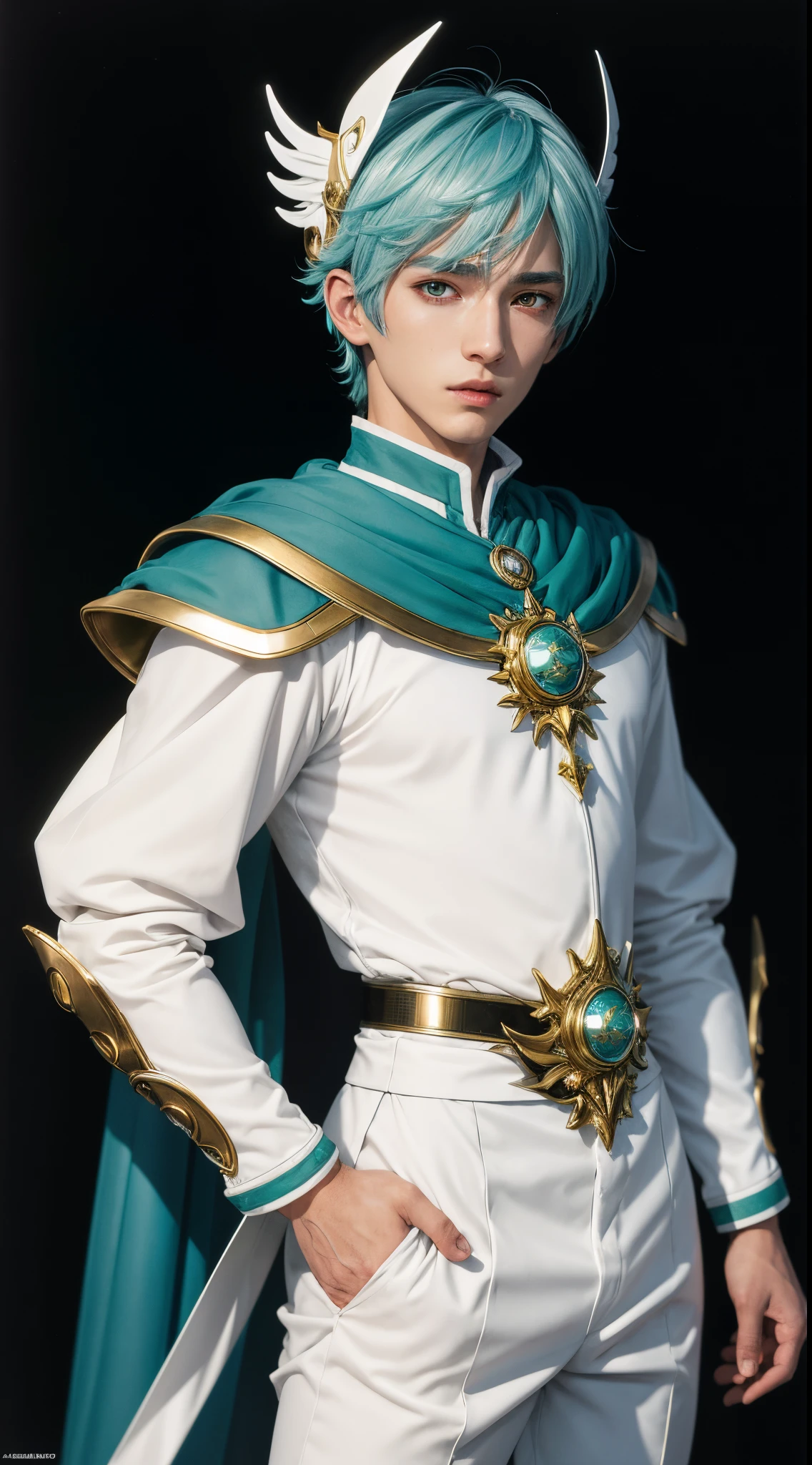 (absurdres, highres, ultra detailed, HDR), masterpiece, best quality, "magic knight rayearth" Character handsome boy in white outfit short hair wearing detailed headgear aqua hair
