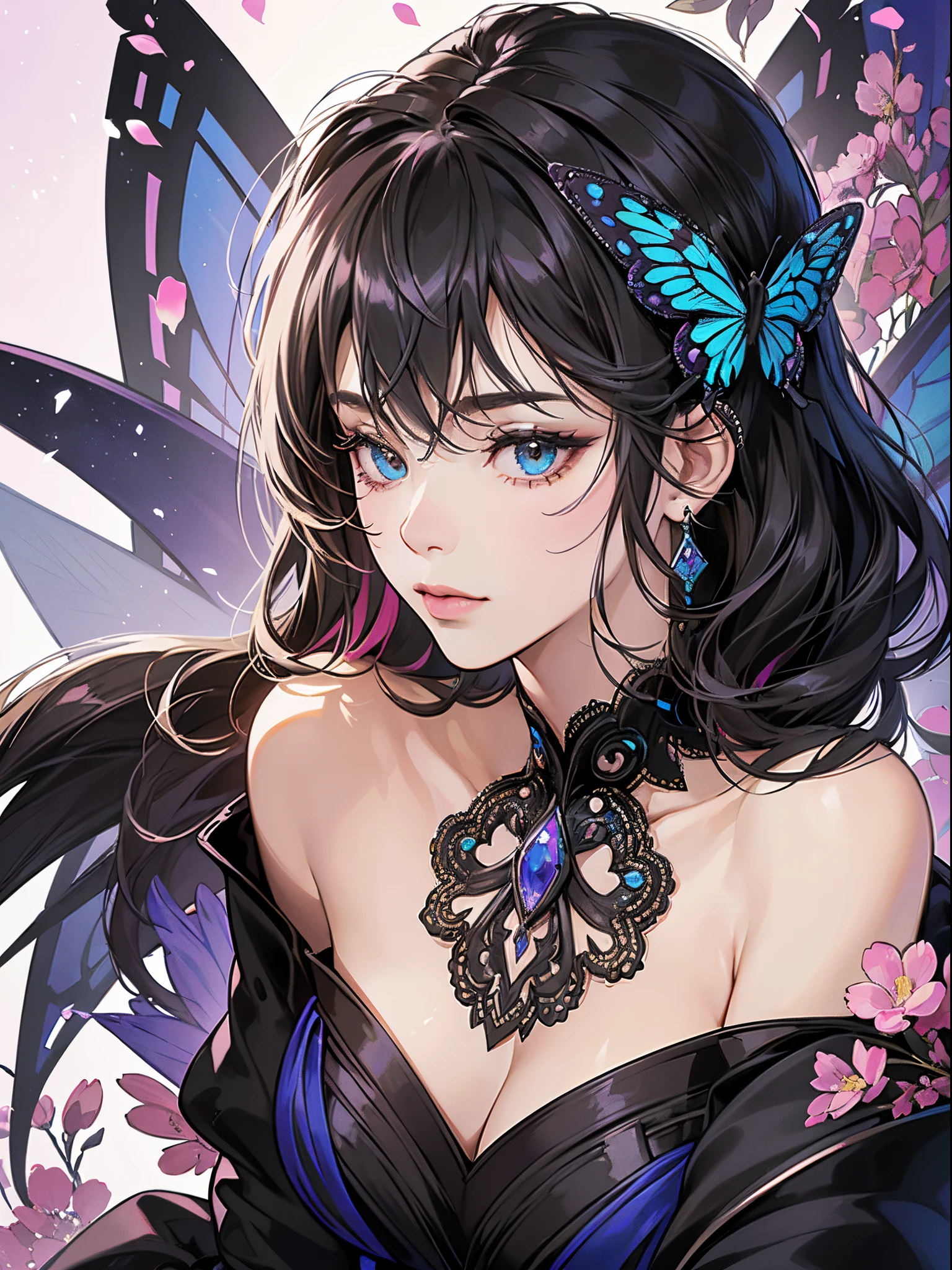 Madame Butterfly is mostly purple. She has black eyes, and a black mouth. Her antennae are black, and her wings are orange with brown, purple, and red spots. SPARKLE; GLITTER