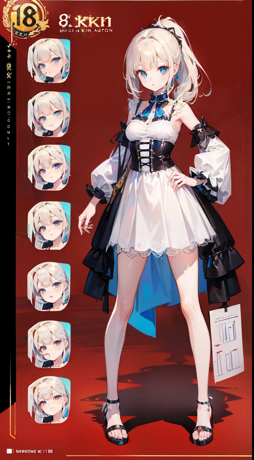 (((in 8K)), ((top-quality)))1 young girl, character sheets, concept-art, full body Esbian, (​masterpiece:1.2), (Top image quality:1.3), 1girl in, is standing, White Ribbon Ponytail, A sexy, Obscene Traveler Costume,  light bege hair,Blue eyes