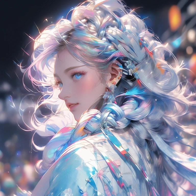 (masutepiece:1.2), Best Quality,Colorful (((upper body))),
1 Model Girl, Solo, Jewelry, earrings, Long hair, braid, profile, Upper body, Bangs, Blue eyes, From Side, veils, Bow, Kimono, Long sleeves, Komono, White iridescent hair, Black background, Single braid, blush, See-through