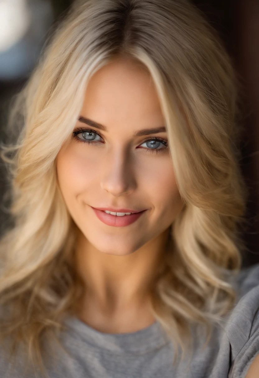 Frau im grauen Hemd macht ein Selfie mit ihrem Handy, beautiful blonde girl, enges Hemd tragen, enges Hemd, Spaltung, attractive girl, breathtaking beauty, she has a cute face, a beautiful blonde, Ordentlich aus ihrem Kopf kommend, beautiful upper body, good young girl, cute seductive smile, niedliche junge frau, vollbusig, schnappschuss