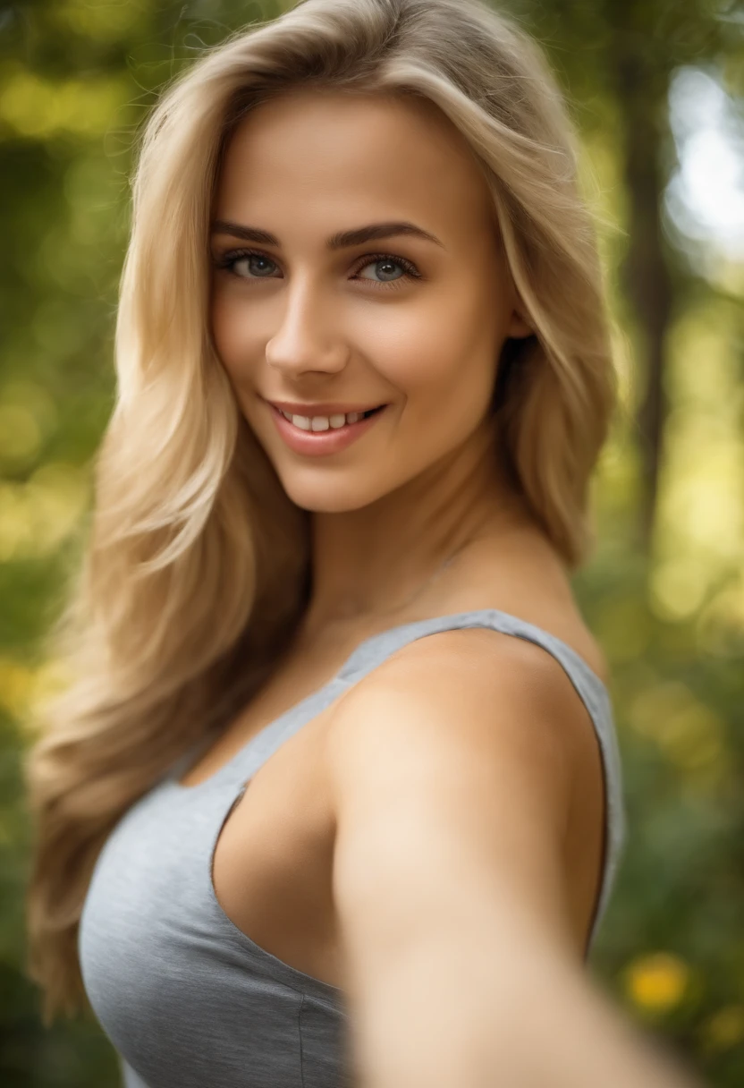 Frau im grauen Hemd macht ein Selfie mit ihrem Handy, beautiful blonde girl, enges Hemd tragen, enges Hemd, Spaltung, attractive girl, breathtaking beauty, she has a cute face, a beautiful blonde, Ordentlich aus ihrem Kopf kommend, beautiful upper body, good young girl, cute seductive smile, niedliche junge frau, vollbusig, schnappschuss