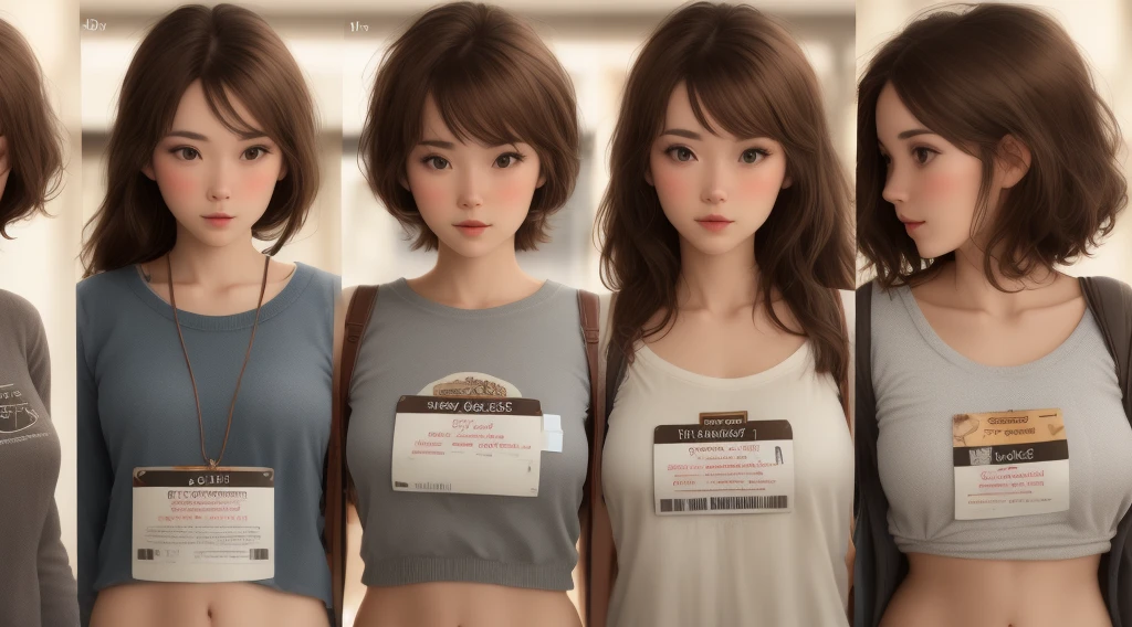 Brown haired woman with tags on her with different labels