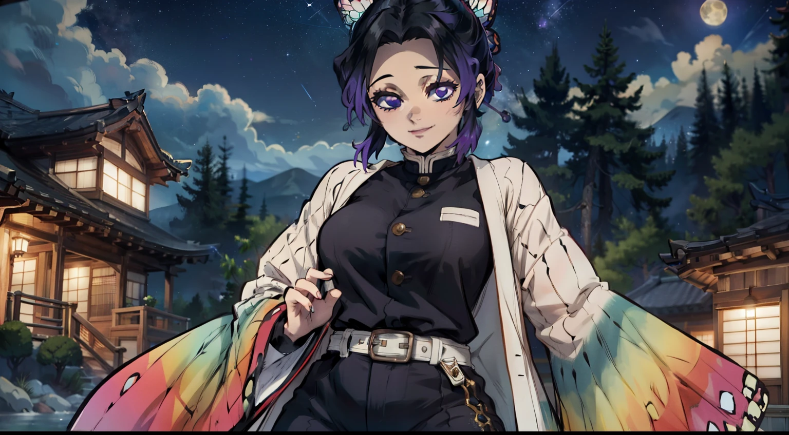 Masterpiece, Best Quality, Japanese House, samurai house, Very clear image, hight resolution, Erotica, Undress, bathing suit, 1girl, ssmile, Smiling, Very beautiful face, Erotica, Kocho Shinobi, Master Parts, beste-Qualit, supreme, 1girll, In the bamboo forest,There is a huge bright moon in the background, Kochou Shinobu, large butterfly clip in hair, butterfly hair jewelry, violet eyes, multi-colored hair, Short hair, Separate lane, haori, haori butterfly wings, White Japanese cloak, Longer sleeves, black pantsuit, black jacket, belt, Character looking at camera,Decorate your hair with a bow tie, violet eyes, multi-colored hair, Short hair, Parted bangs, Black pants, black jacket, long sleeves, belt, Cowboy shot, in the woods, Looking at the starry sky, Close your mouth, Night with countless stars, The ideal body of the Milky Way, The Perfect Girl, perfect details, Ultra HD |, 8K, Professional photo, Demon Slayer in anime style,